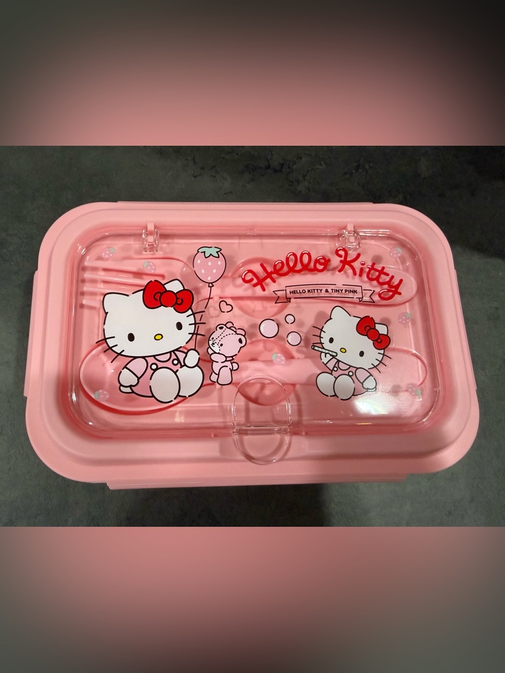 NEW In Bag Hello Kitty Pink Lunch Box with Fork and Spoon